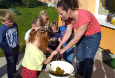 Výroba pampešťávy z pampelišek, které děti nasbíraly